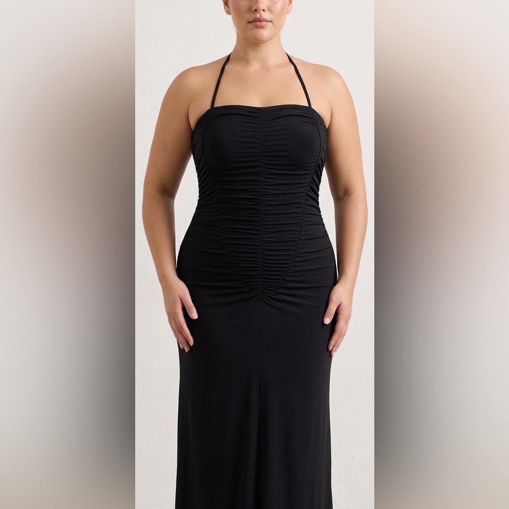 Whimsygoth Black Ruched Halter Maxi Dress Size 12 Y2K Fairycore